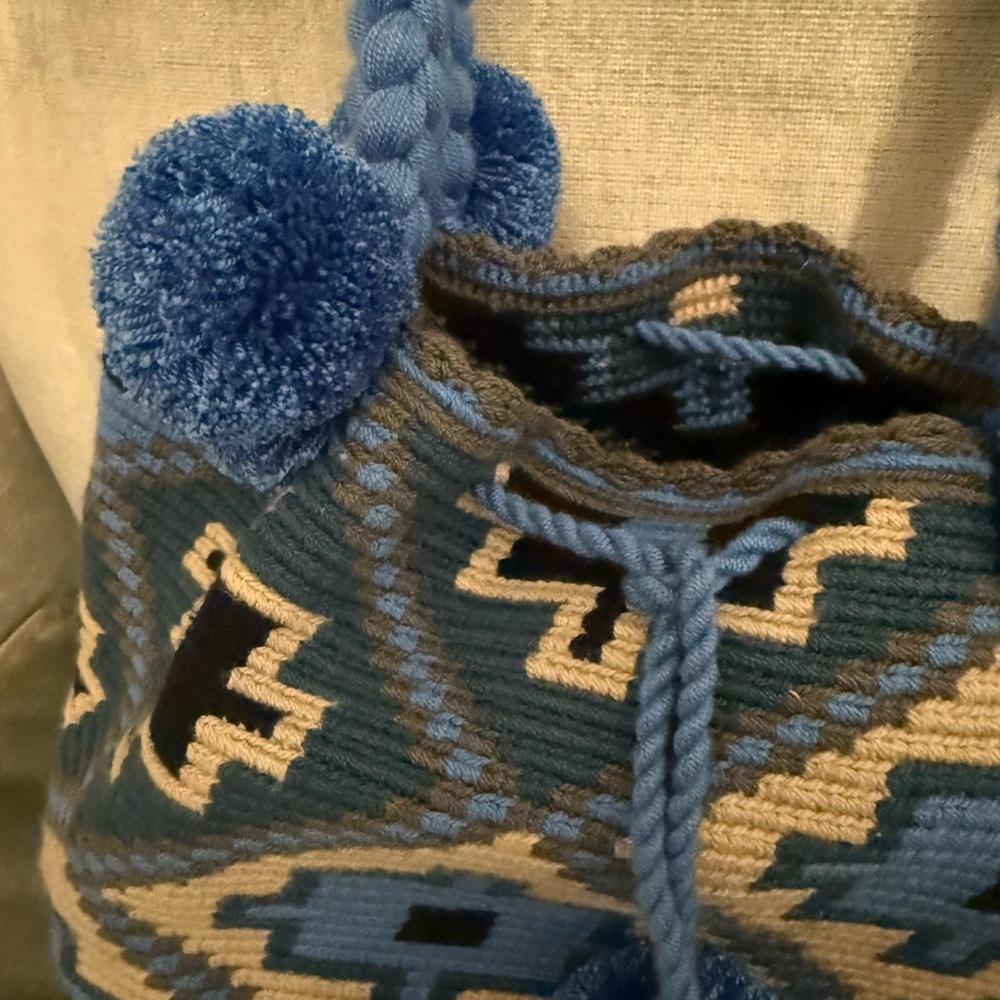 Blue Geometric Woven Shoulder Bag with Pom-Pom Accents - Picture 6 of 9